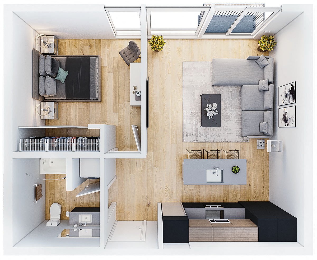 Floor plan for 1 bed, 1 bath, 647 sqft